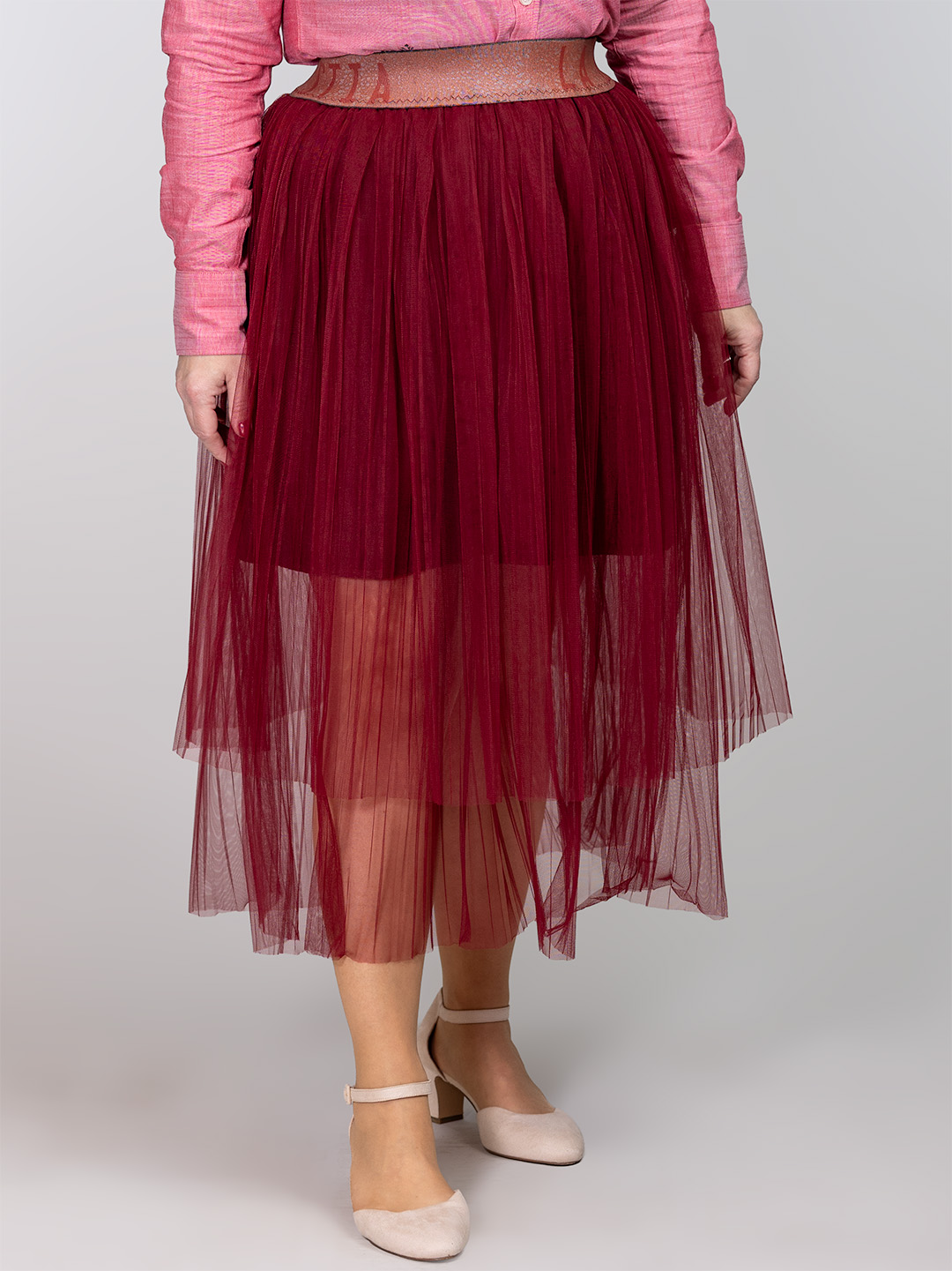 Bordo suknja od plisiranog tila s prozirnim slojevima